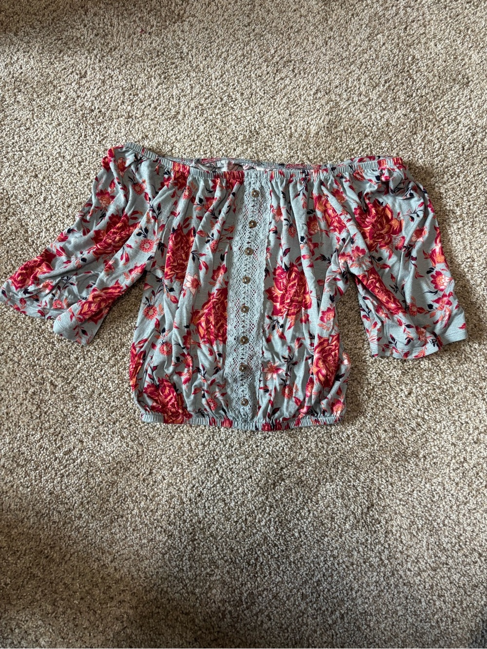 Mudd Light Blue Off-Shoulder Blouse with Red Rose Print